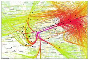 Ohne die Deutsche Flugsicherung geht gar nichts: Hier die Flugspuren eines Tages um Frankfurt